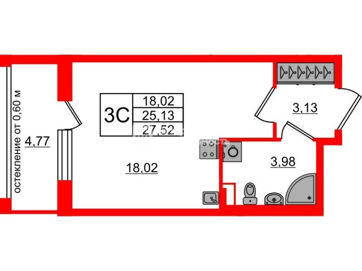 Студия-квартира, 25.1 м²