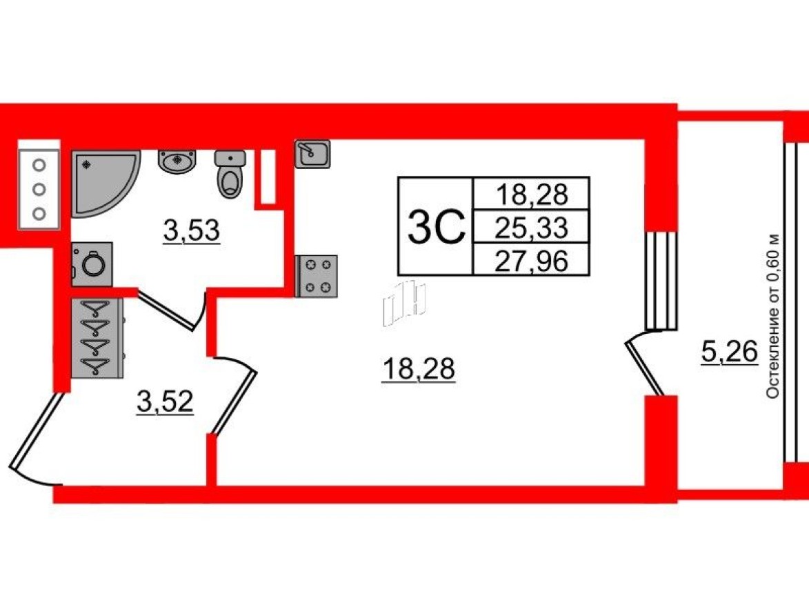 Студия-квартира, 25.3 м²