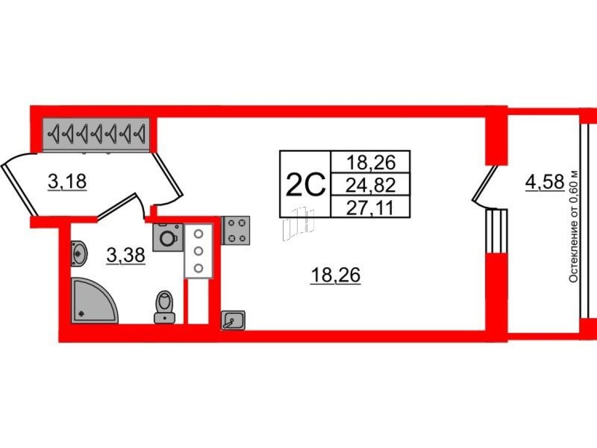 Студия-квартира, 24.8 м²