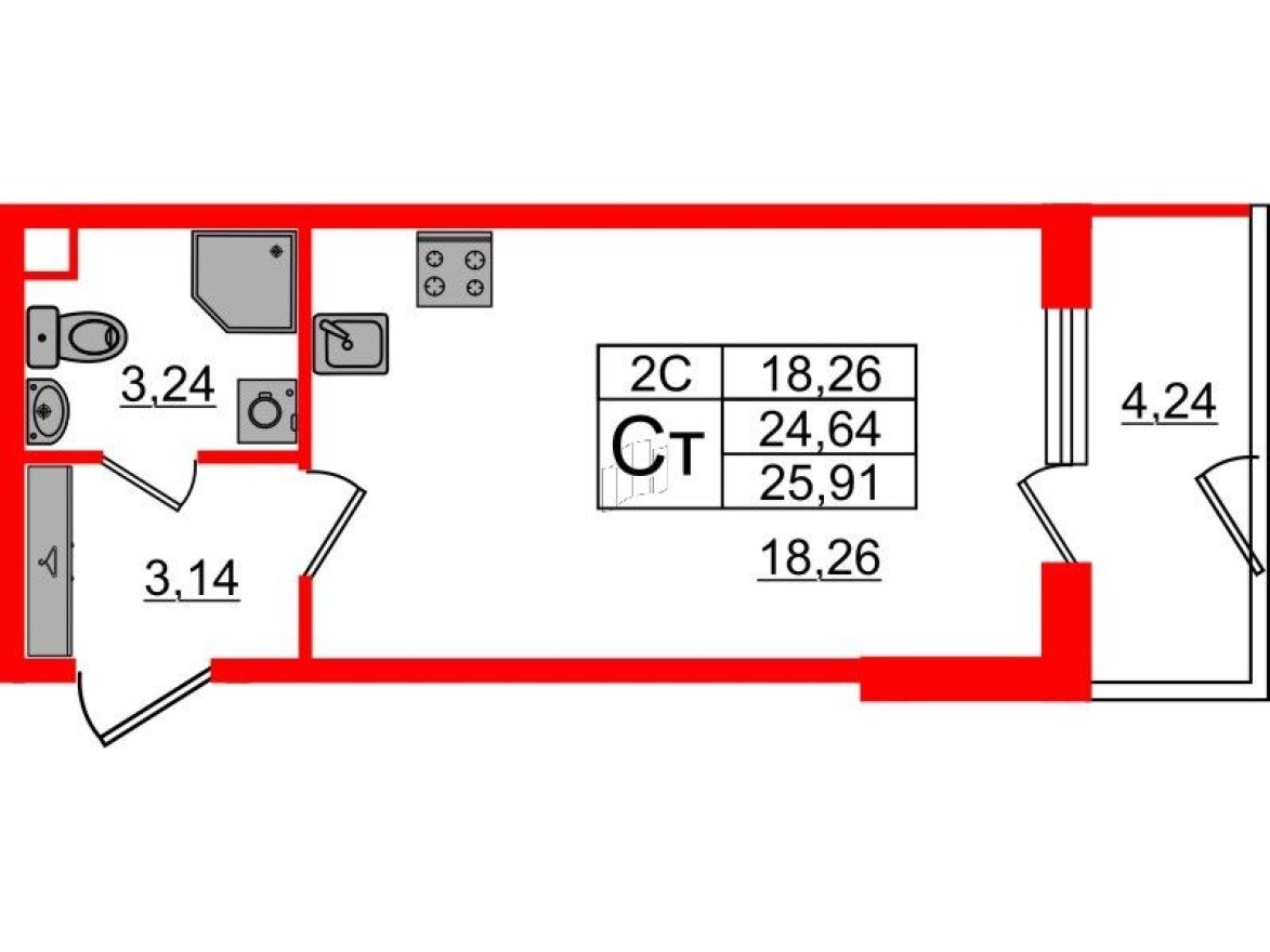 Студия-квартира, 24.6 м²