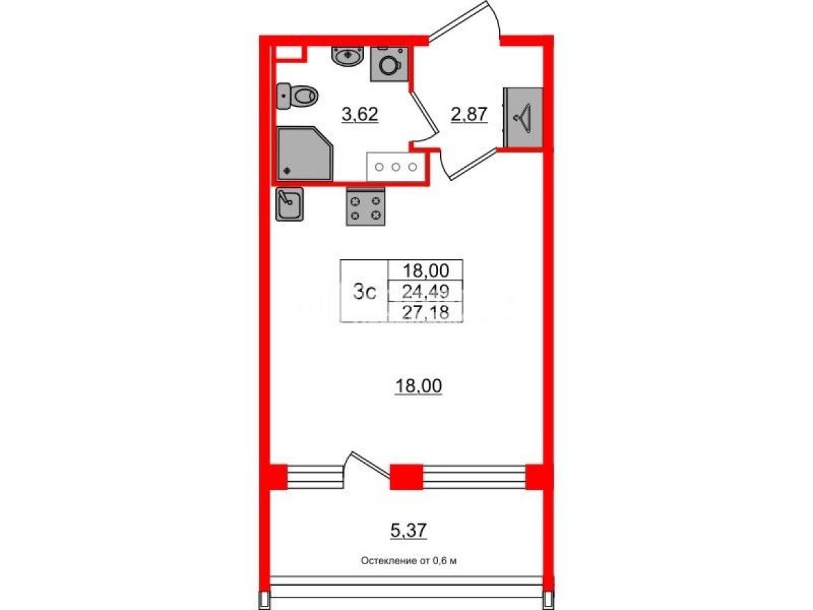 Студия-квартира, 24.5 м²