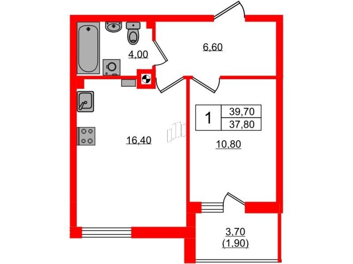 1к. квартира, 39.7 м²