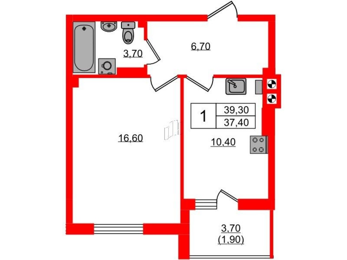1к. квартира, 39.3 м²