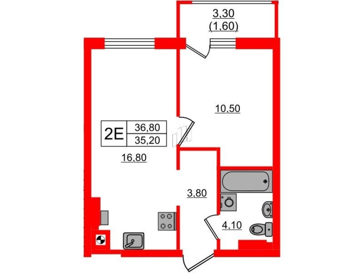 1к. квартира, 36.8 м²