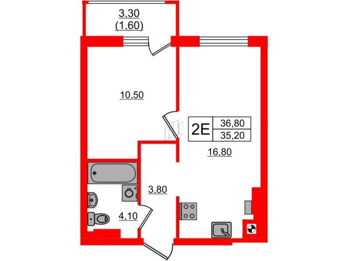 1к. квартира, 36.8 м²