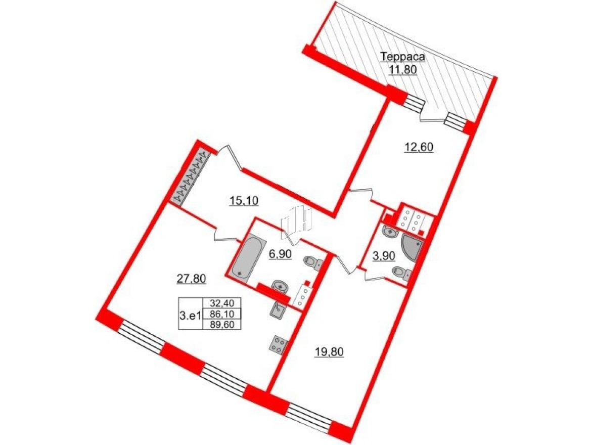2к. квартира, 86.1 м²