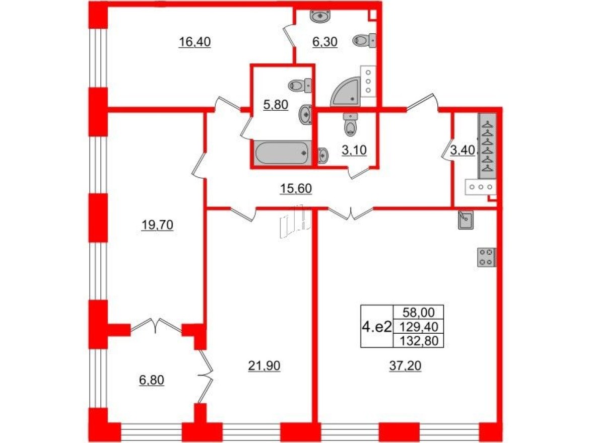 3к. квартира, 129.4 м²