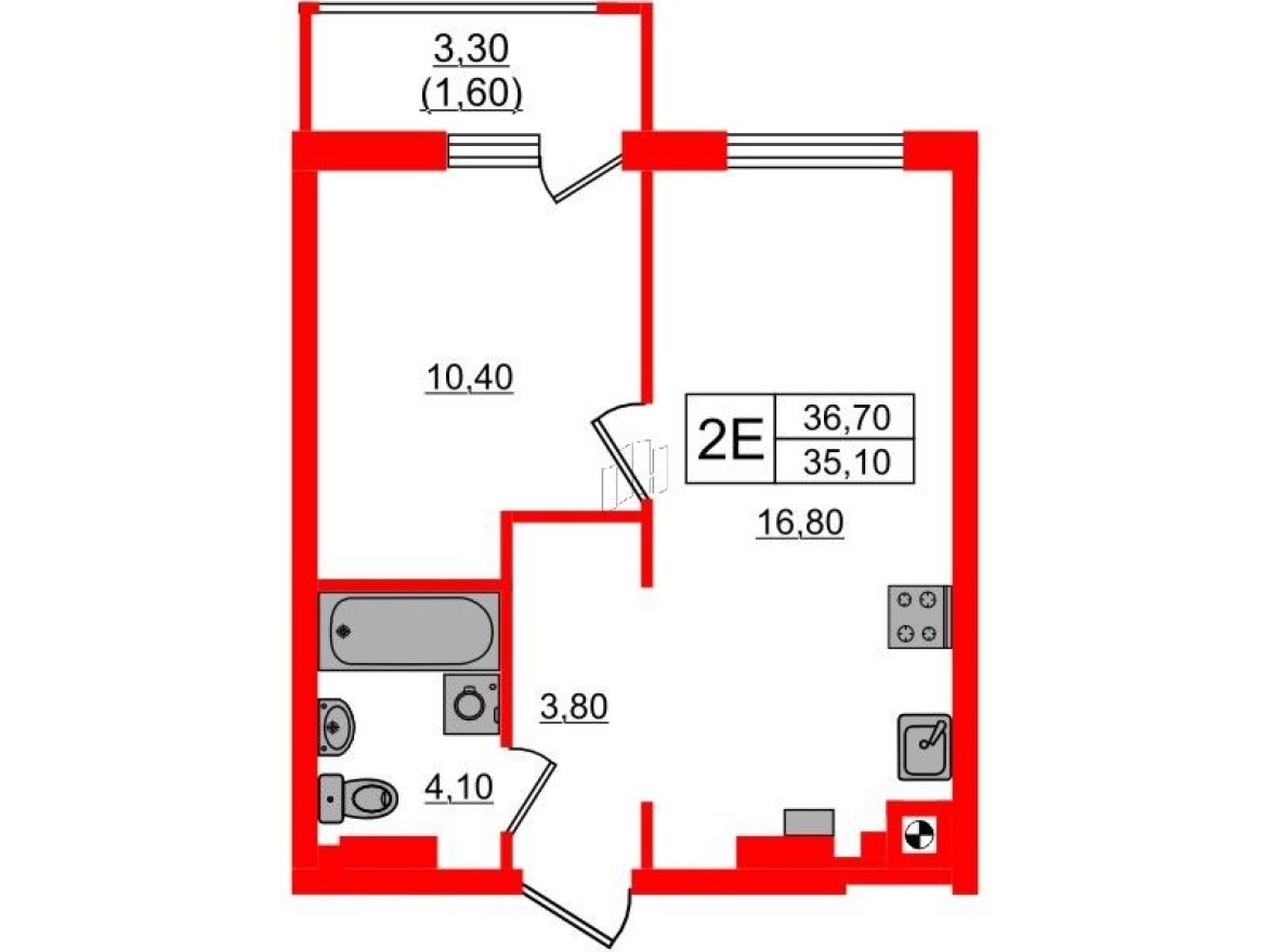 1к. квартира, 36.7 м²