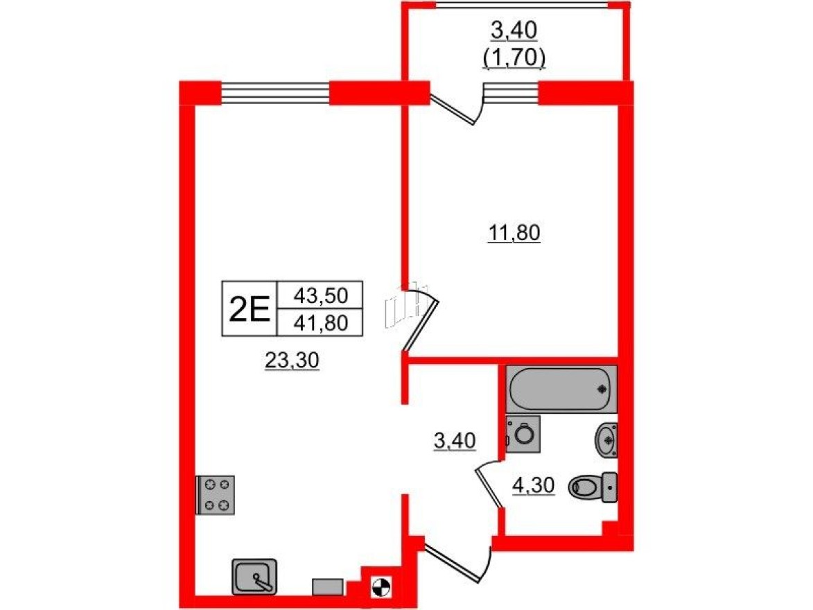 1к. квартира, 43.5 м²
