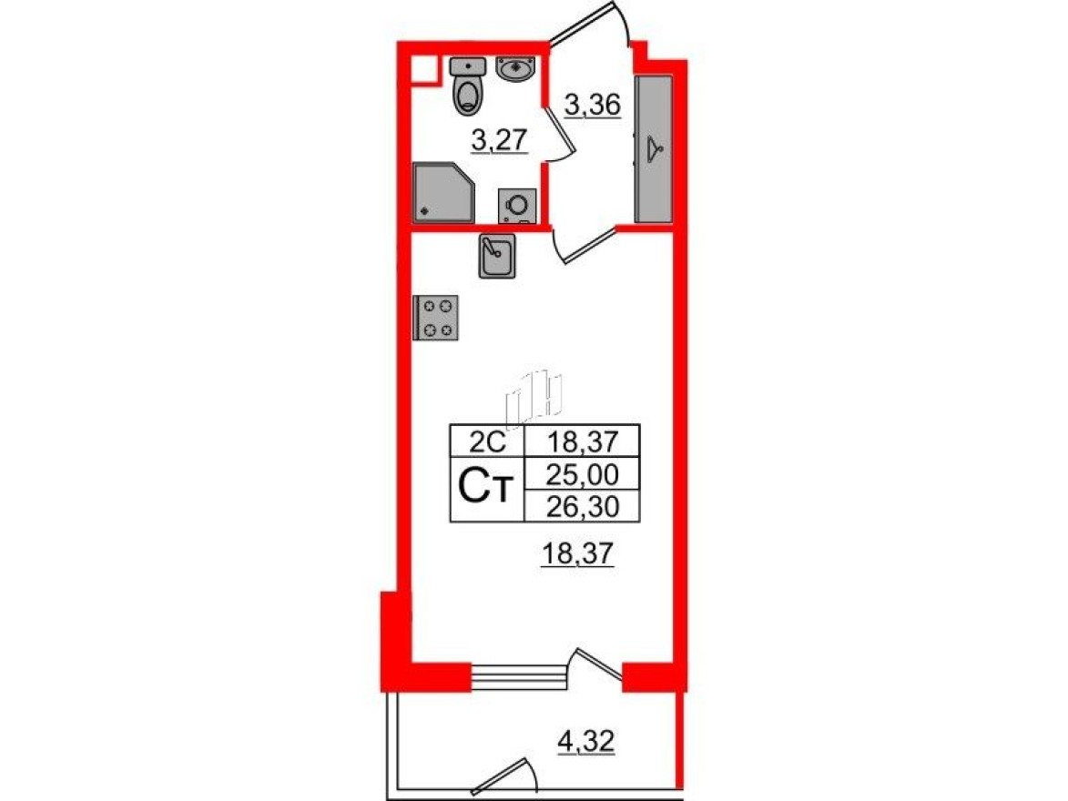 Студия-квартира, 25.0 м²