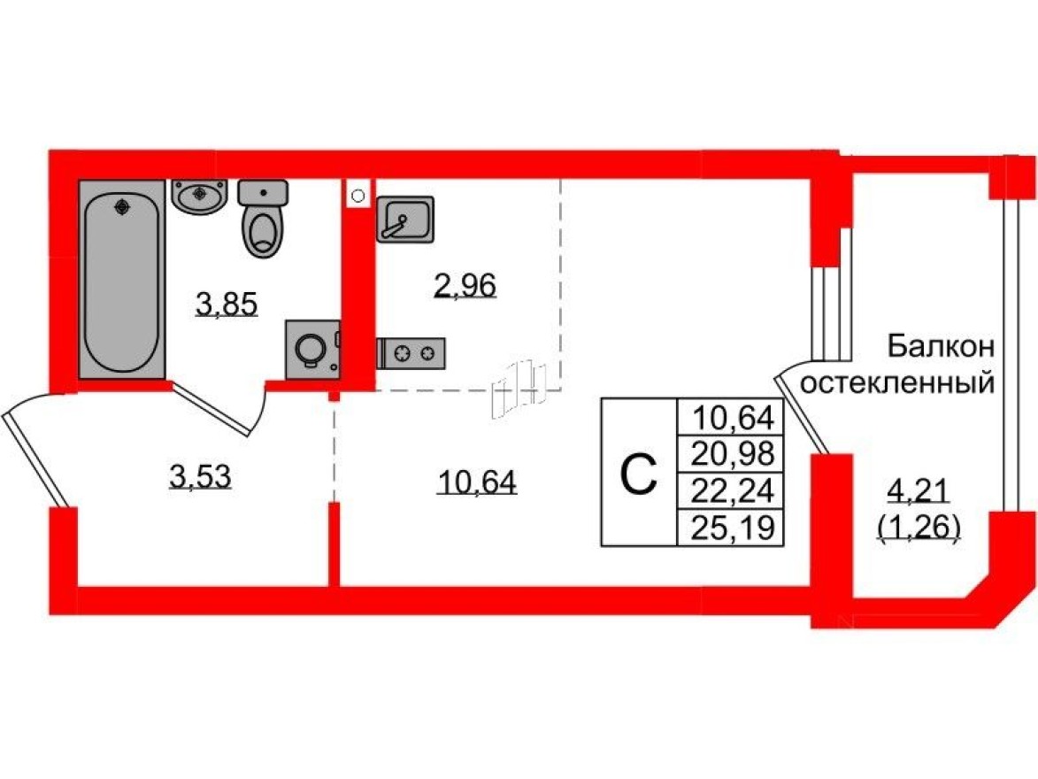 Студия-квартира, 22.2 м²