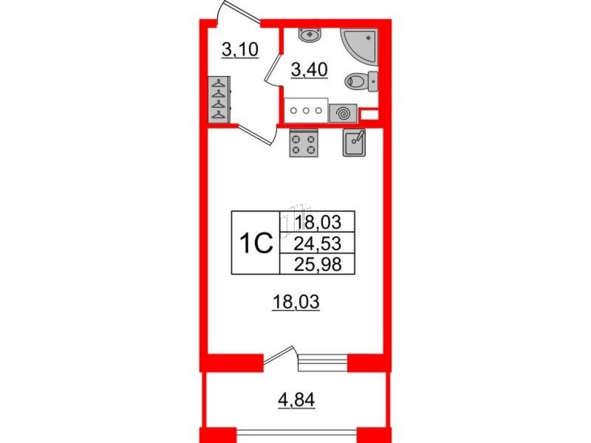 Студия-квартира, 24.5 м²