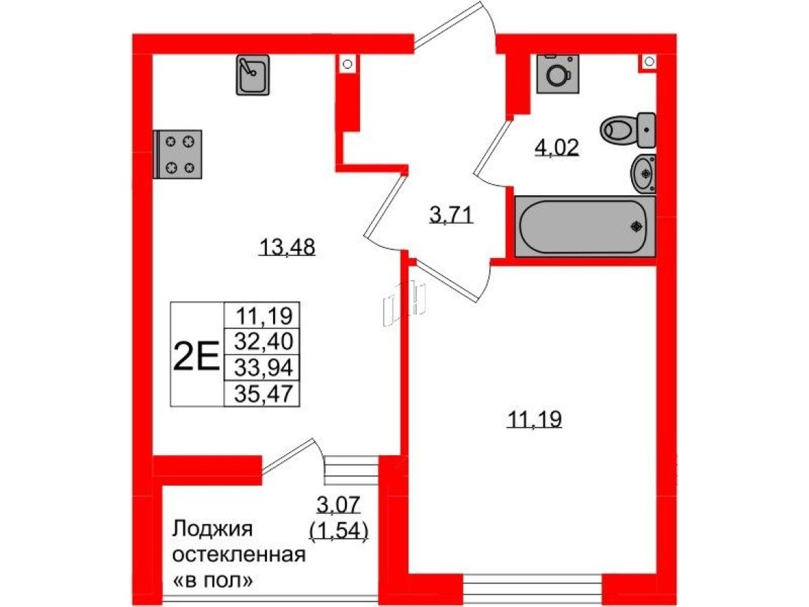 1к. квартира, 33.9 м²