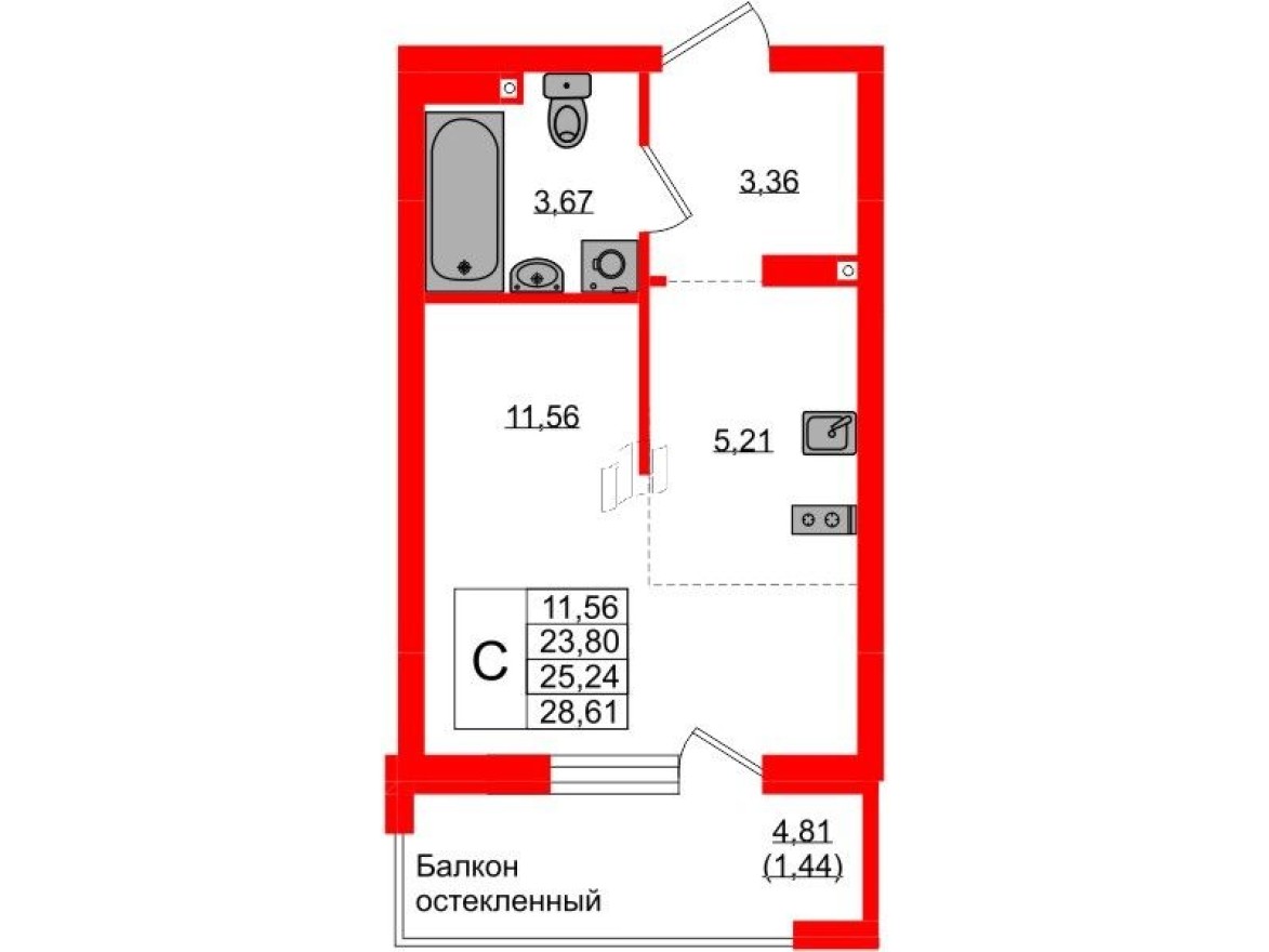 Студия-квартира, 25.2 м²