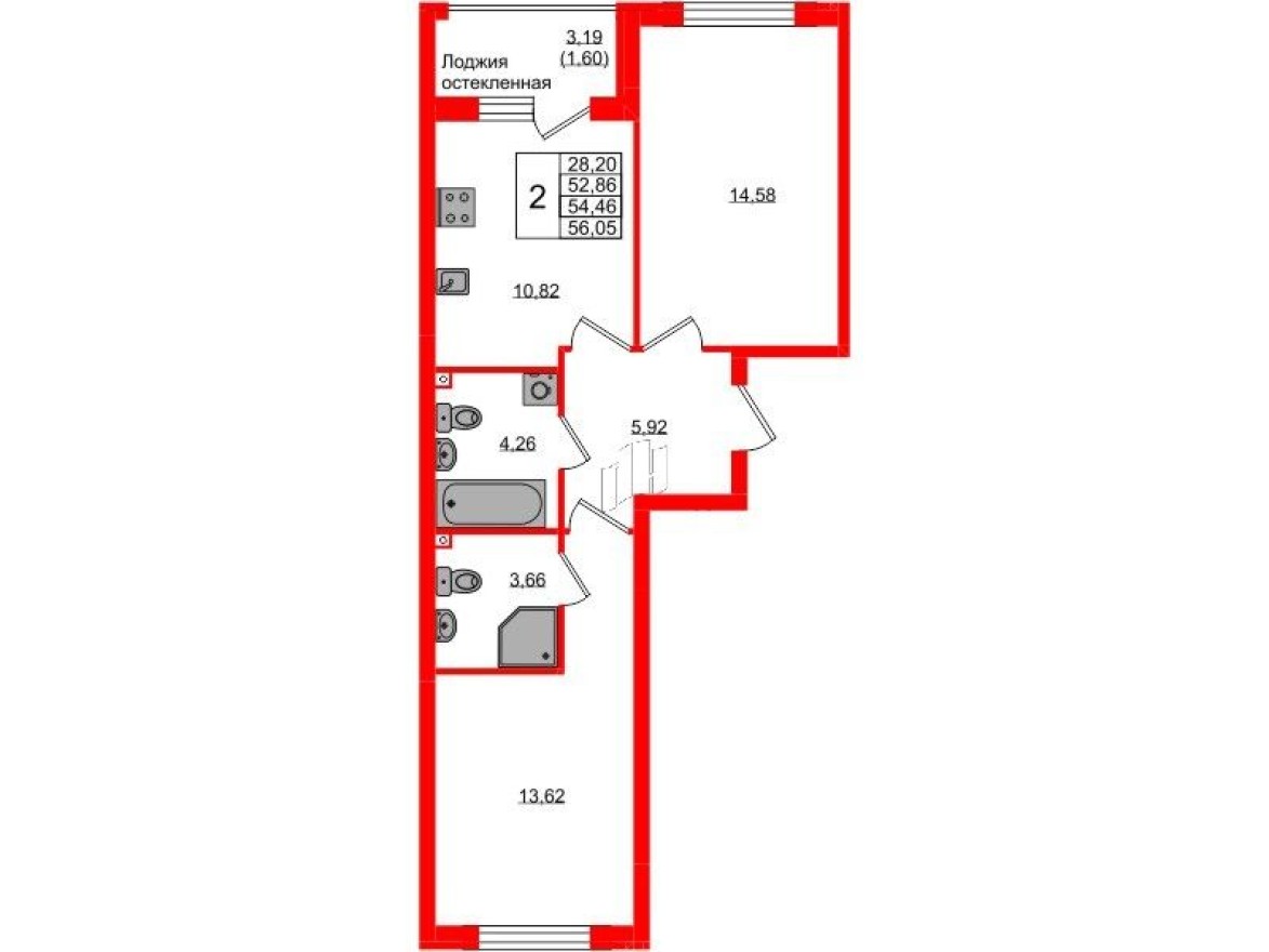 2к. квартира, 54.5 м²