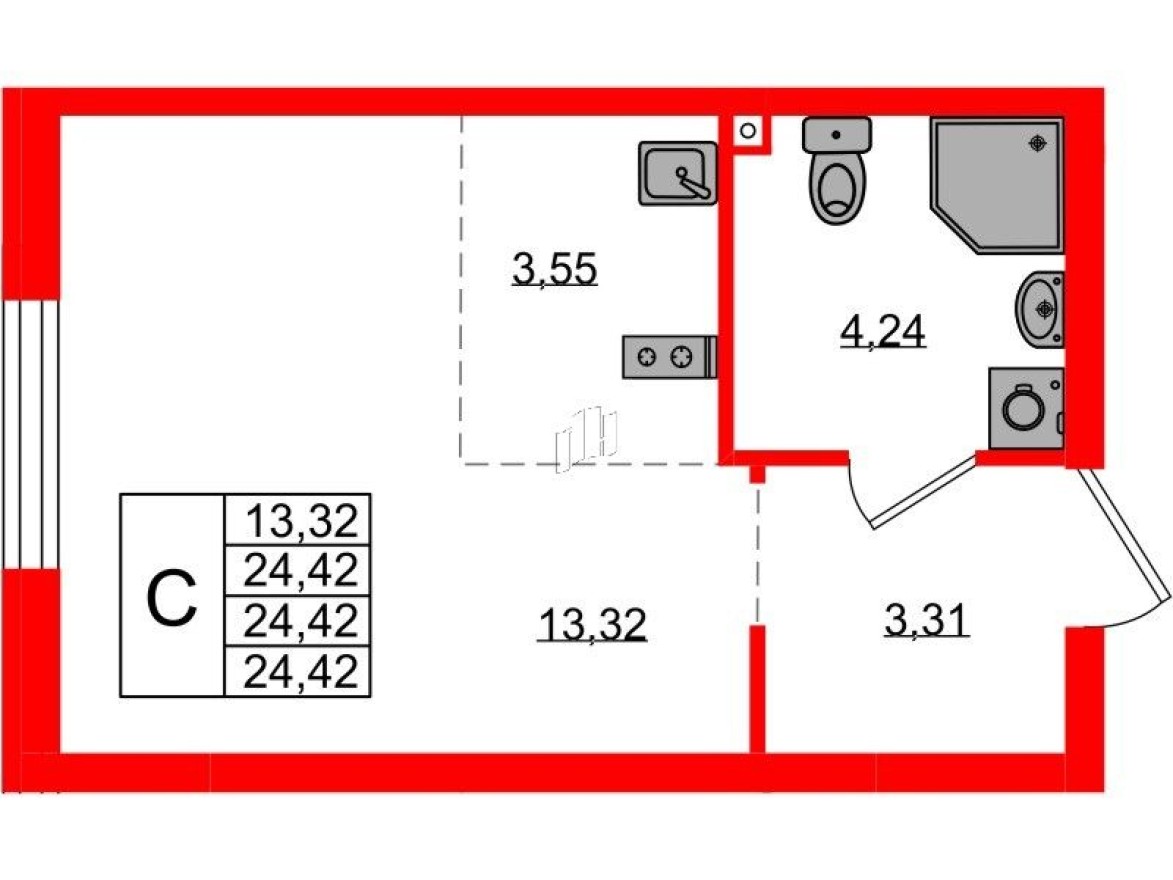 Студия-квартира, 24.4 м²