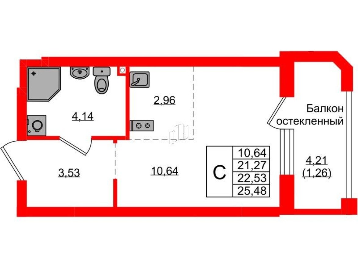 Студия-квартира, 22.5 м²