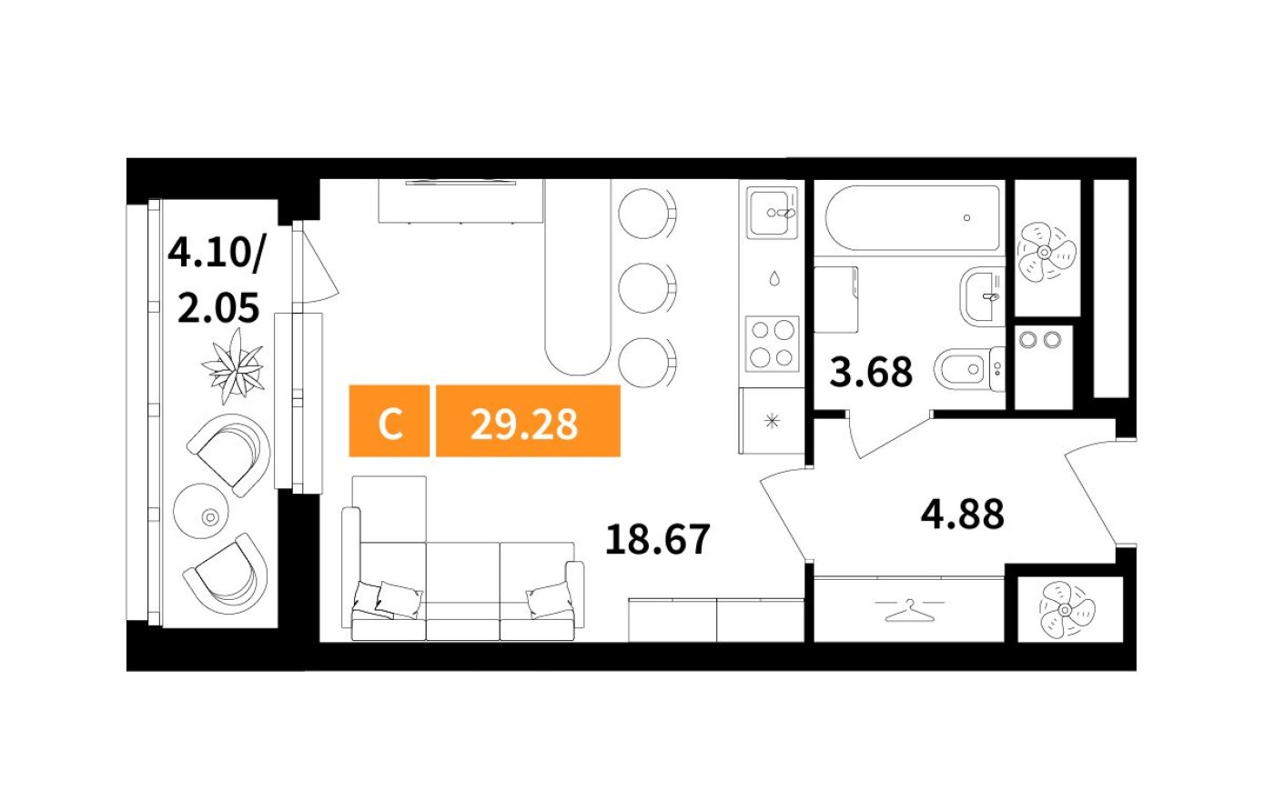 Студия-квартира, 29.3 м²