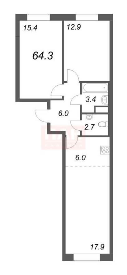Планировка — 3е квартира, 64.3 м²