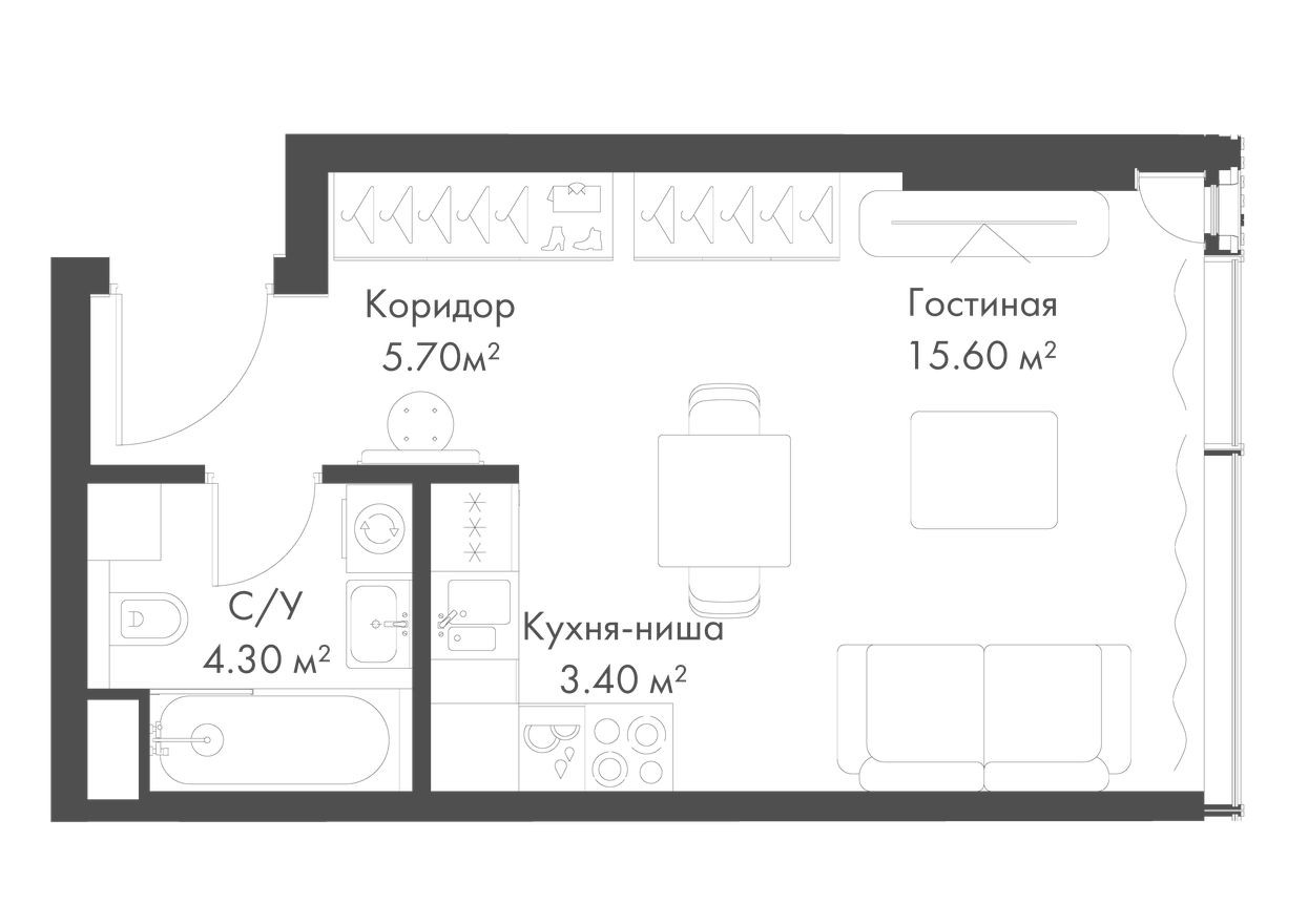 Студия-квартира, 29.0 м²