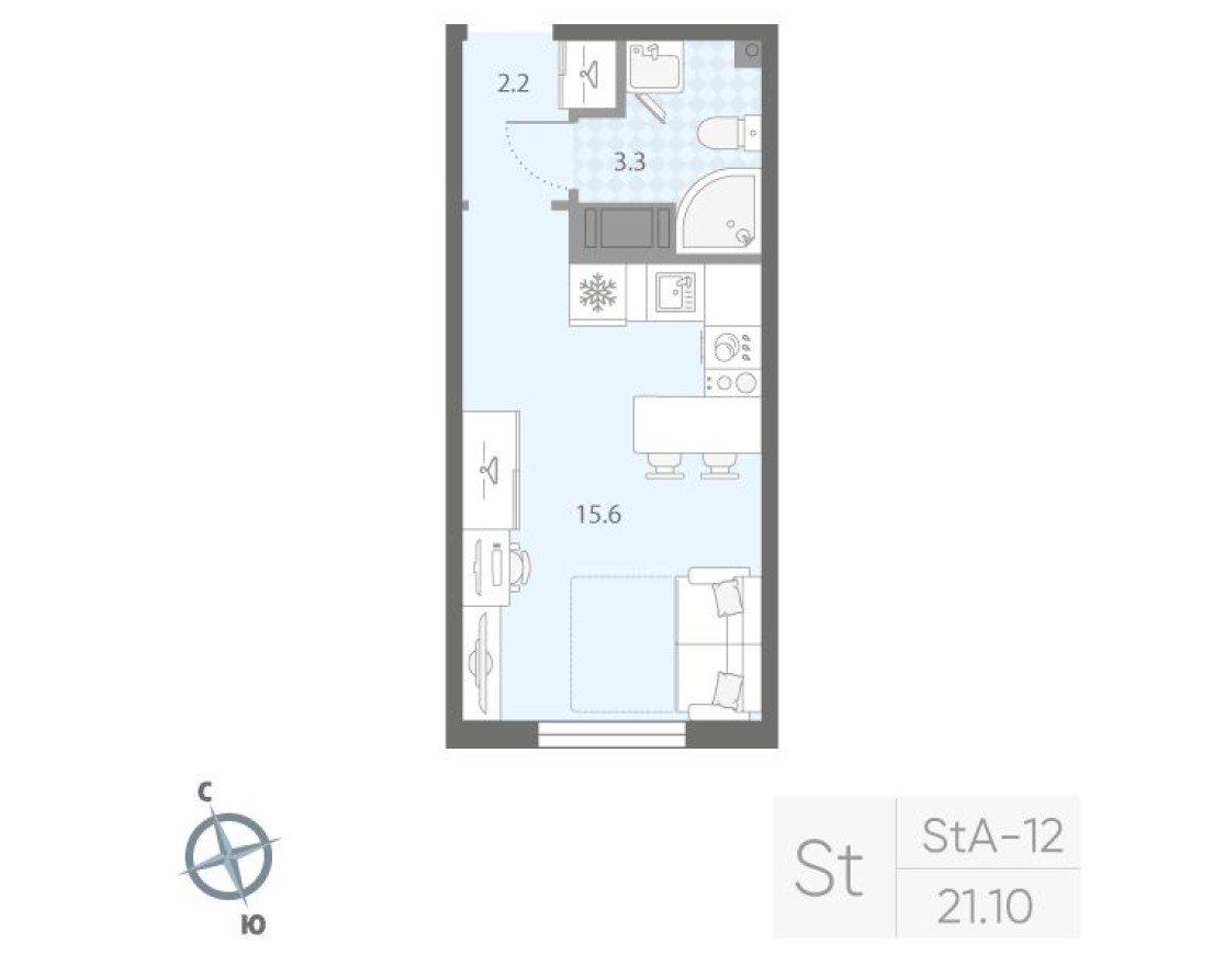 Студия-квартира, 21.1 м²