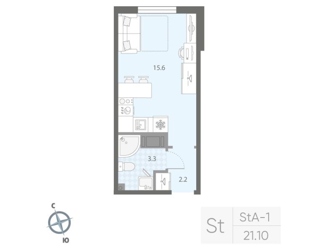 Студия-квартира, 21.1 м²