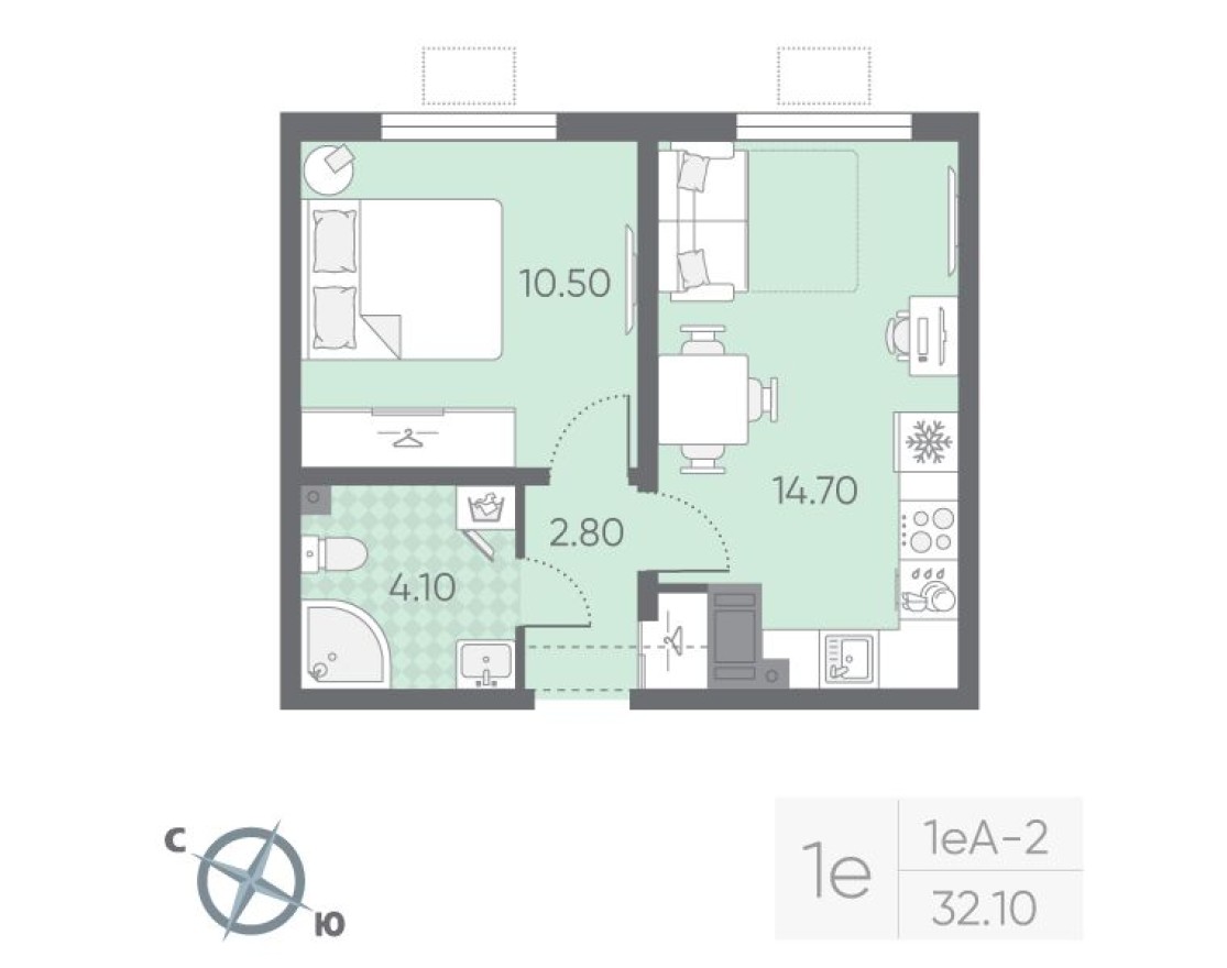 1к. квартира, 32.1 м²
