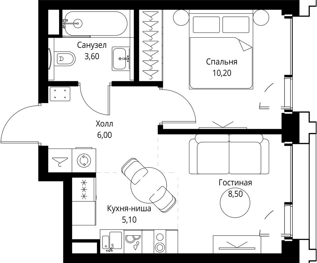 1к. квартира, 33.4 м²