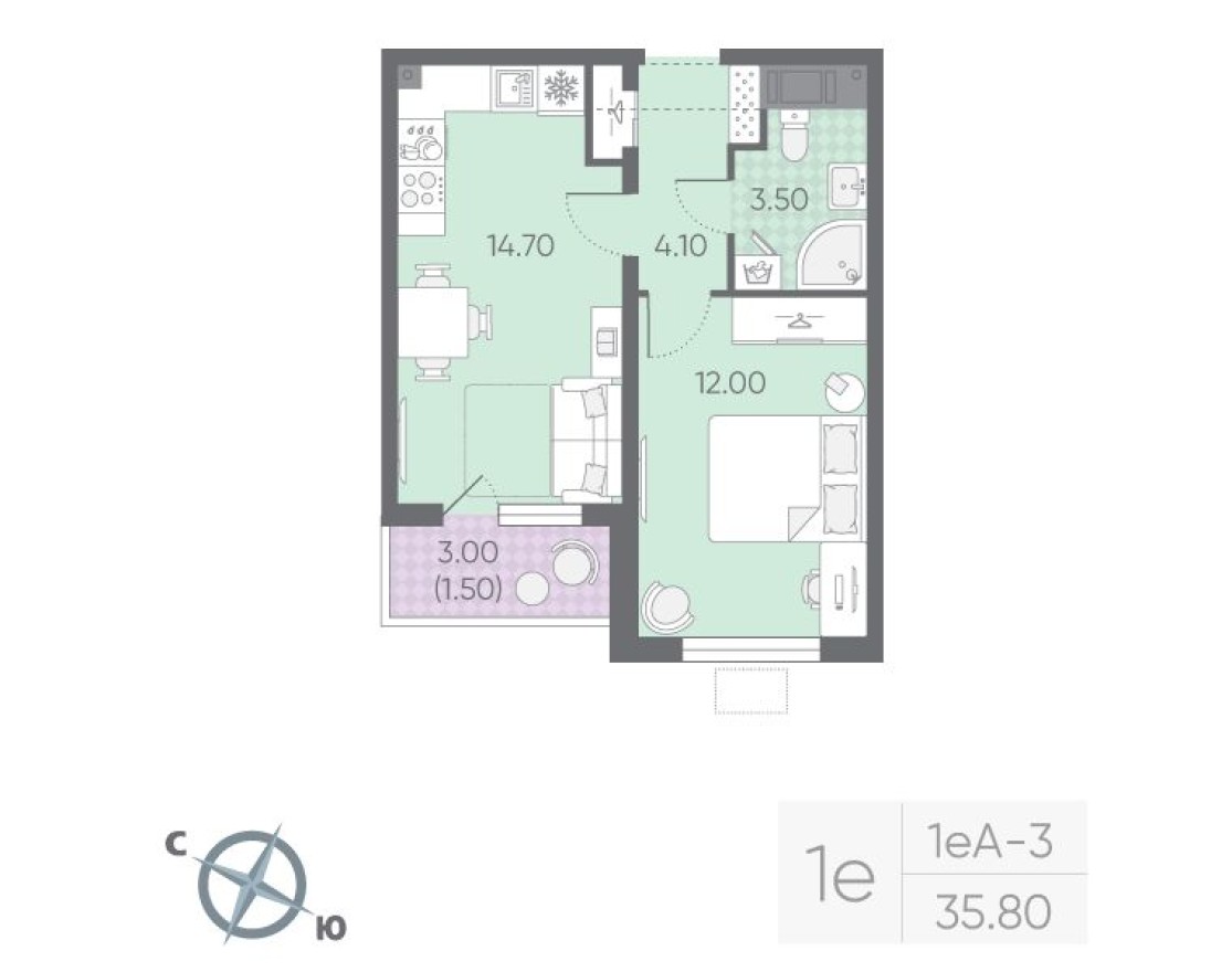 1к. квартира, 35.8 м²