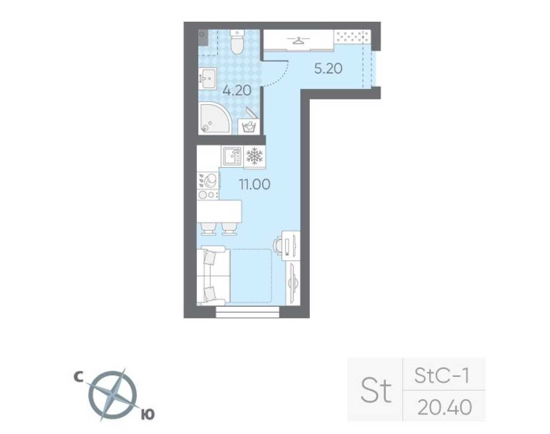 Студия-квартира, 20.4 м²