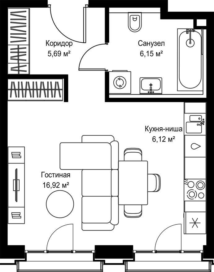 Студия-квартира, 34.9 м²