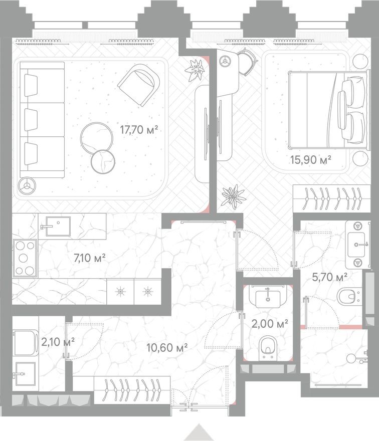 1к. квартира, 61.1 м²