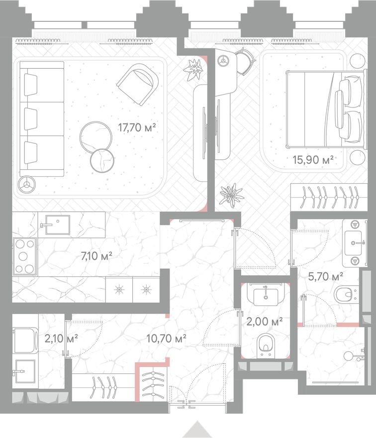 1к. квартира, 61.2 м²
