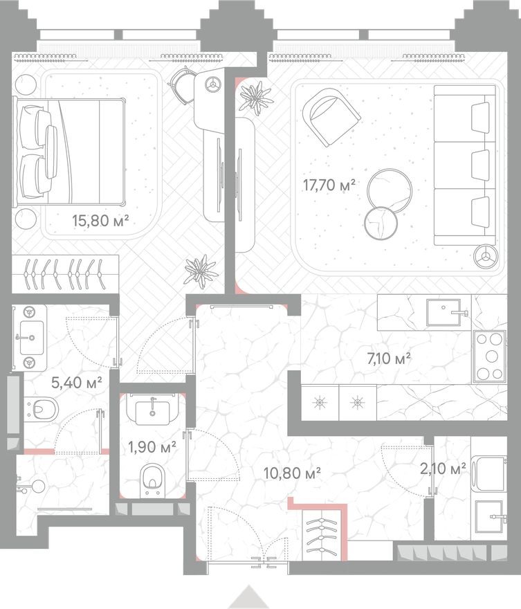 1к. квартира, 60.8 м²