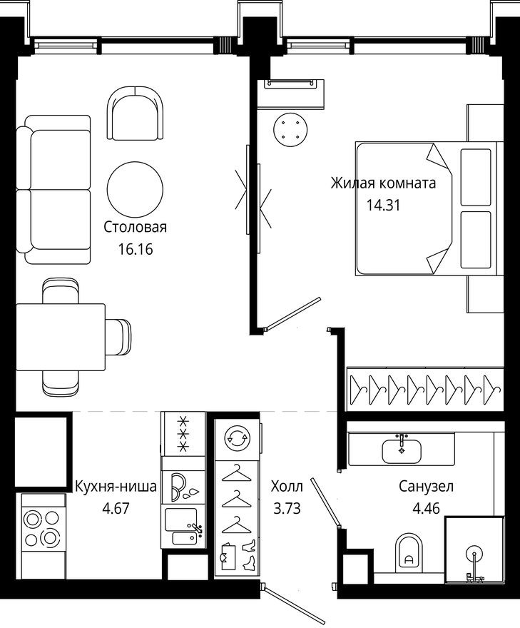Планировка — 1к. квартира, 43.8 м²