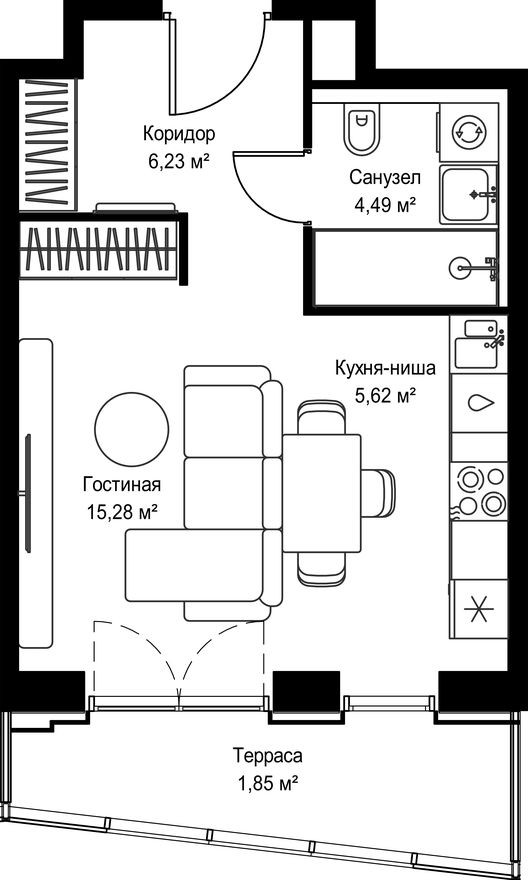 Студия-квартира, 33.5 м²