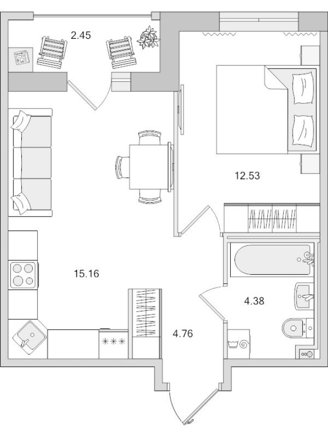 2е квартира, 39.3 м²