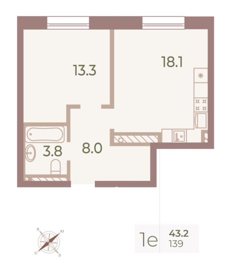 2е квартира, 42.9 м²