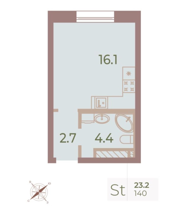 Студия-квартира, 23.1 м²