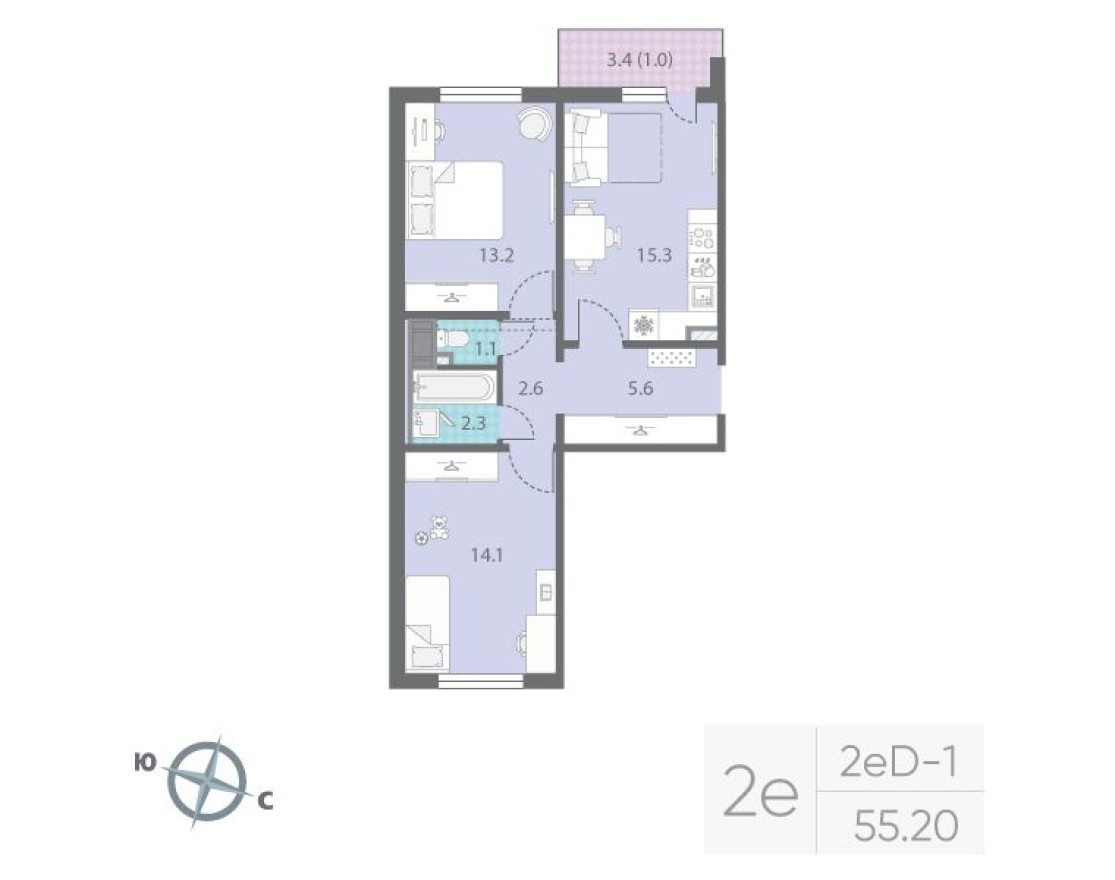 3е квартира, 55.2 м²