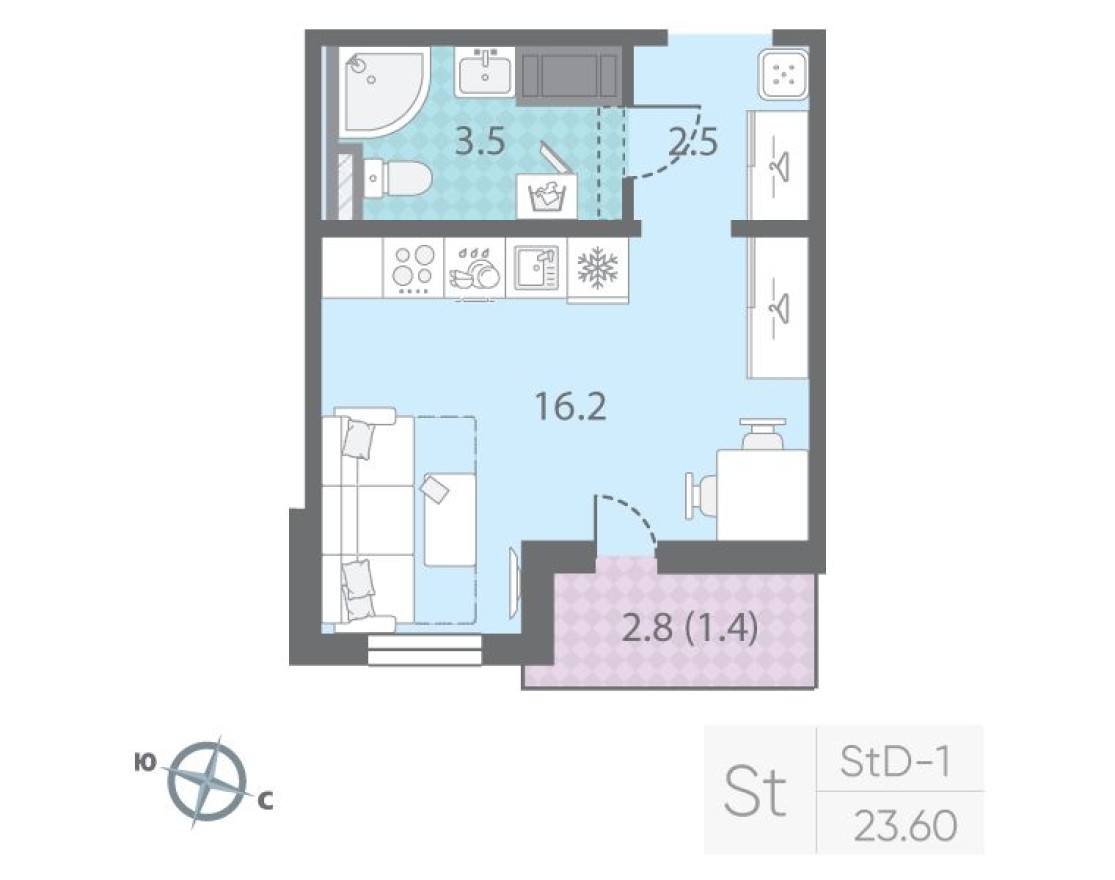 Студия-квартира, 23.6 м²