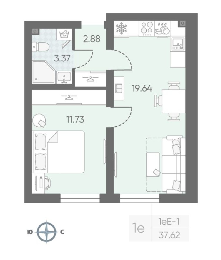 2е квартира, 37.8 м²