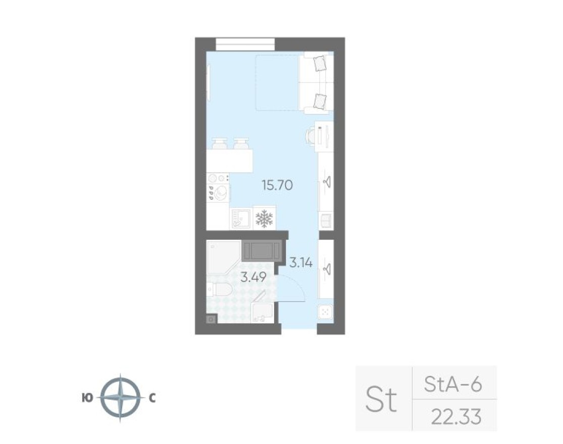 Студия-квартира, 22.3 м²