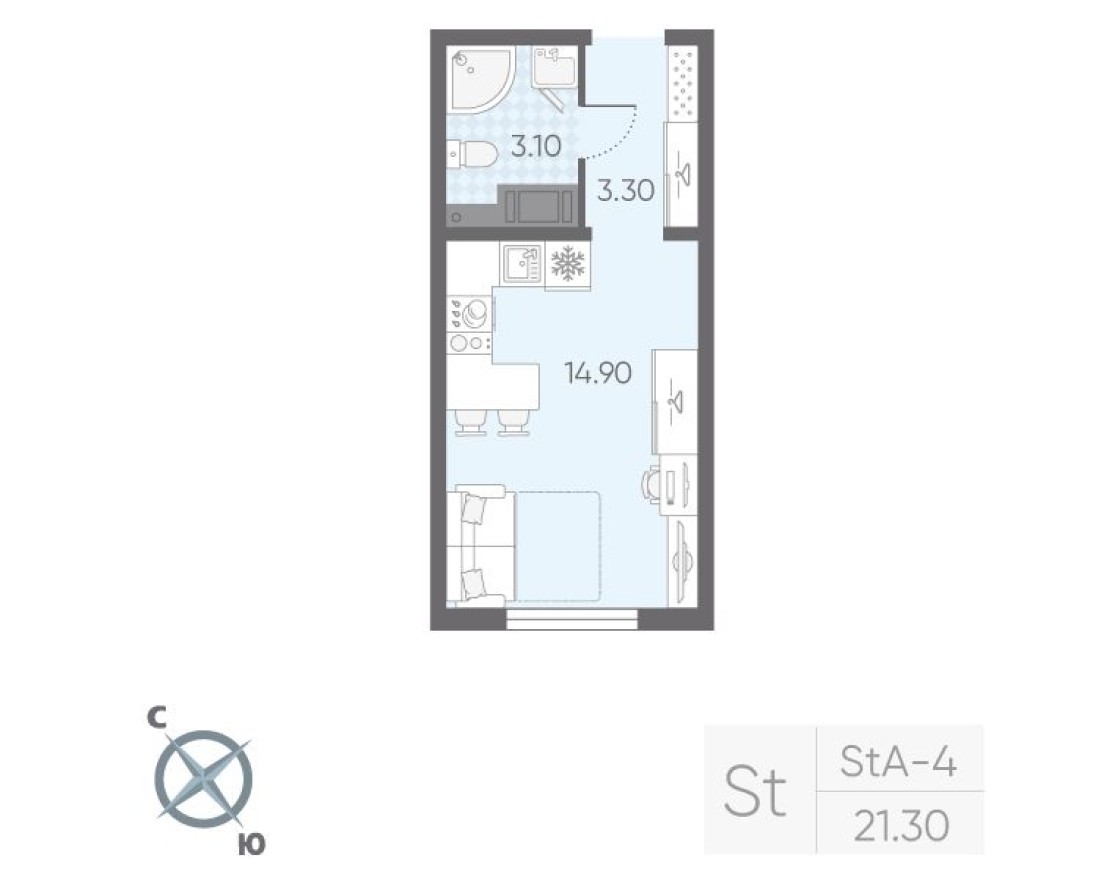 Студия-квартира, 21.3 м²