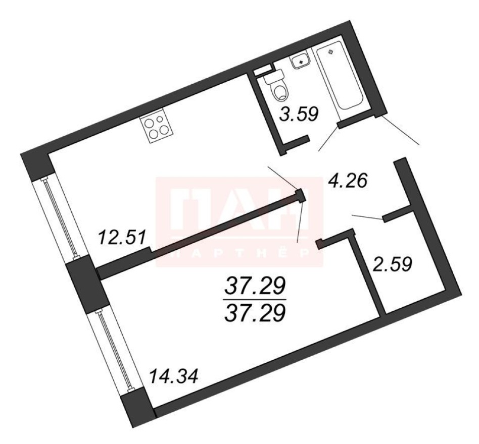 1к. квартира, 37.3 м²