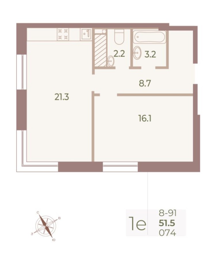 2е квартира, 51.6 м²