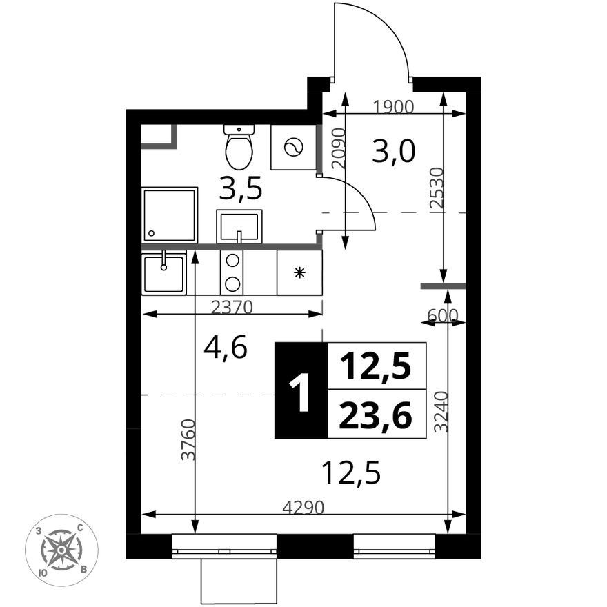 Студия-квартира, 23.6 м²