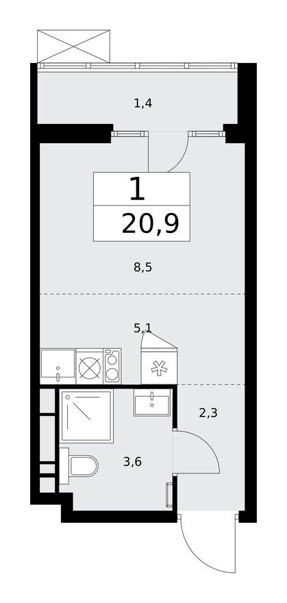 Студия-квартира, 20.9 м²