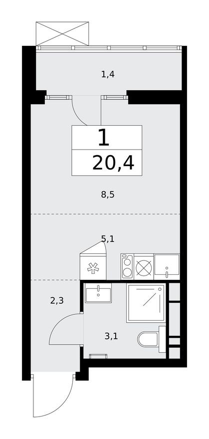 Студия-квартира, 20.4 м²