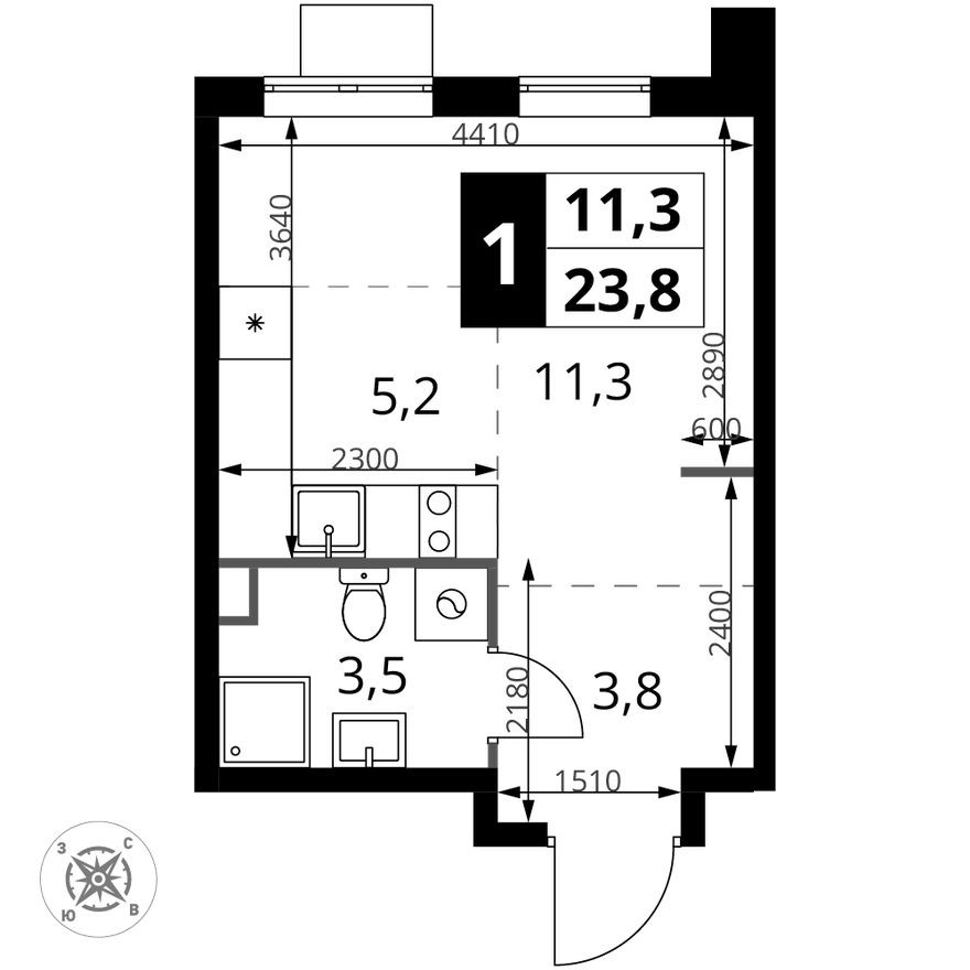 Студия-квартира, 23.8 м²